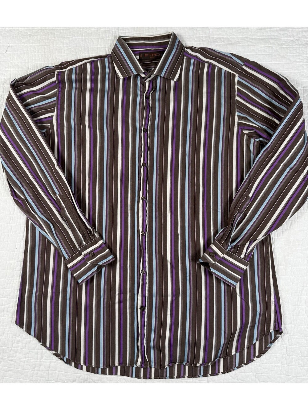 Etro Milano Mens 44 Brown Purple Blue Stripe Cotton Shirt Made Italy
